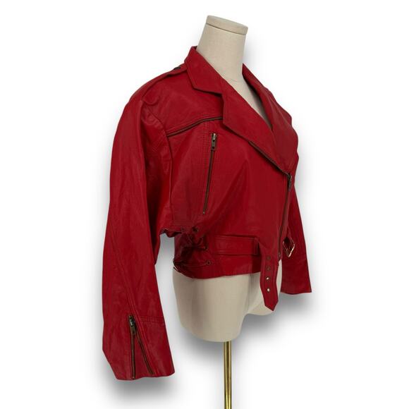 Vintage Cherry Red Leather Cropped Motorcycle Jacket Belt Size 38 - Picture 3 of 11